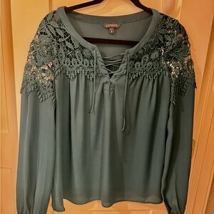 Express Teal Lace-Yoke Long Sleeve Blouse